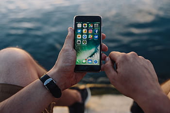 モバイル、 電話、 男、 手、 海、 携帯電話、 白人、 夏、 水、 技術、 iphone