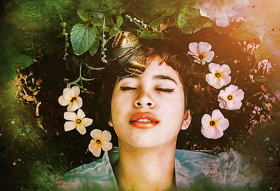 woman, lying, body, water, white, petaled flowers close-up photography, flowers, nature, people, girl, female