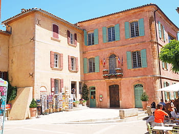 people, building, daytime, roussillon, community, village, town hall, hotel de ville, village core, marketplace, homes