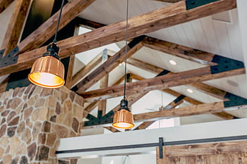 turned-on pendant lights, interior, design, lamps, lights, stone, walls, wood, cabin, electric Lamp, ceiling