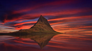 hnědý, hora, odraz, voda, kirkjufell, Island, abendrot, západ slunce, soumrak, svítání, nebe