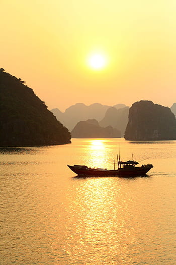 záliv Halong, loď, Vietnam, kras, západ slunce, scén, hora, klidné scény, odraz, Příroda
