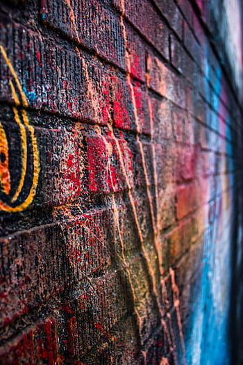 brązowy, ceglana ściana, Graffitis, zbliżenie, zdjęcie, graffiti, ulica, sztuka, zabarwienie, Ściana, cegły