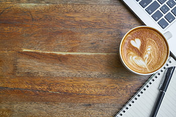 cappuccino, vedle, lemované, papír, pero, káva, kavárna, stůl, jídlo, napít se, práce
