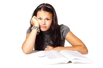 donna, indossare, grigio, camicia, davanti, Aperto, libro, annoiato, Università, formazione scolastica, femmina