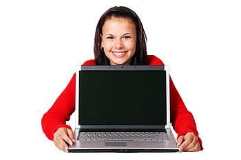 woman, red, long-sleeved, shirt, embracing, gray, laptop computer, business, computer, cute, female