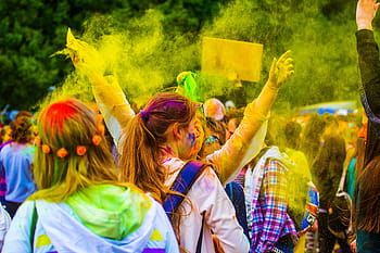 festival holi, berjalan, jalan, siang hari, festival warna, holi, moscow, 2017, flashmob, orang, cat