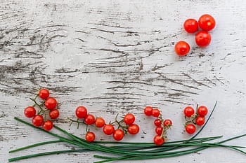 aerial, photography, red, tomatoes, top, view, cherry, white, wooden, surface, tomato