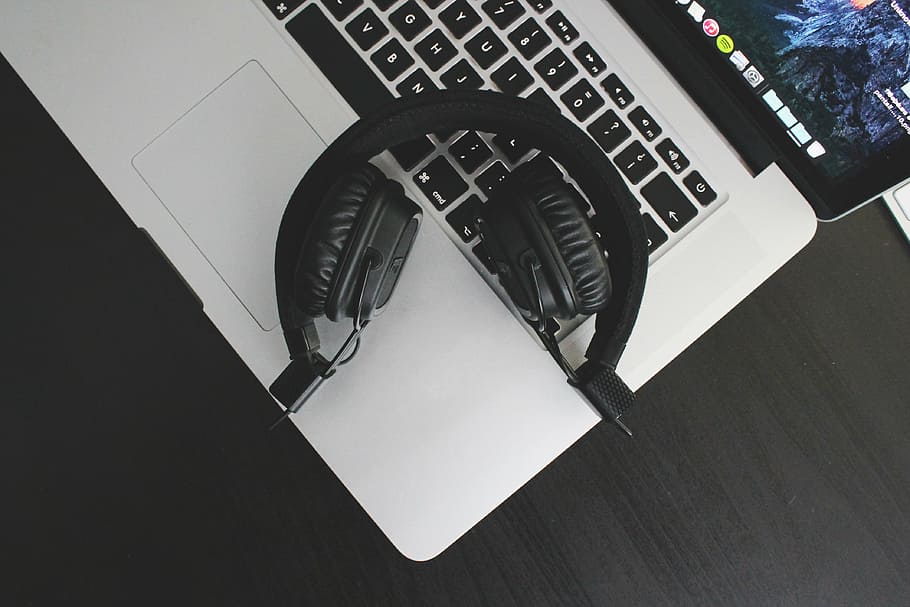 Černá, bezdrátový, sluchátka, horní, macbook, pro, Zvuk, laptop, počítač, technologie, objekty