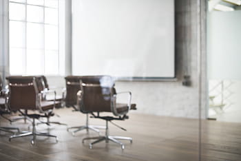 four, brown, rolling, armchairs, room, chairs, presentation, white, board, white board, windows