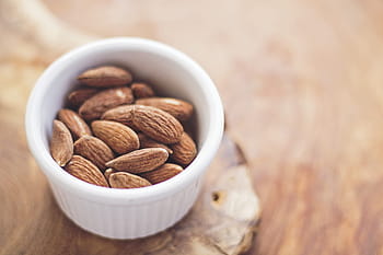 brown, almond nuts, round, white, ramekin, almonds, food, nuts, healthy, diet, nutrition