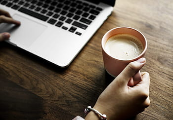 person, holding, mug, using, macbook, laptop, coffee, table, aerial, background, beverage