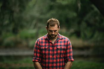 muž, Červené, Černá, gingham-up-up, s dlouhým rukávem, košile, lidé, kostkovaný, flanel, smutný, stromy