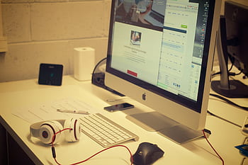 teknologi, æble, computer, overvåge, skærm, tastatur, mus, beats, hovedtelefoner, højttalere, skrivebord