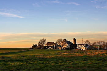 landscape photography, field, white, buildings, daytime, brown, house, green, grass, blue, sky