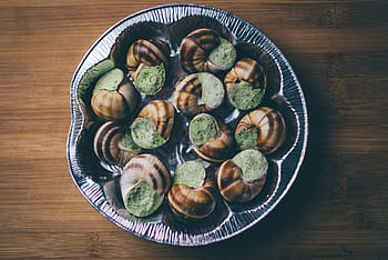hnědý, shell, kulatá deska, mušle, nerez, ocel, kontejner, escargot, hlemýždi, jídlo, Svačina