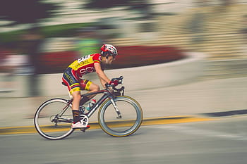 uomo, giallo, rosso, bicicletta, sfocatura, sport, concorrenza, atleta, esercizio, velocità, ciclista