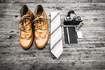 pair, brown, leather shoes, white, striped, necktie, gray, slr camera, oxford, high, top