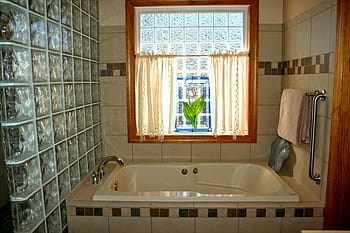 rectangular, white, enamel bathtub, inside, room, gray, wall tiles, tub, window, bathtub, stained glass