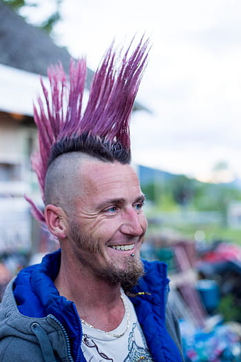 Iroquois, Punk, Mohawk, Purple, hair style, pink, smiling, headshot, adults only, portrait, cheerful