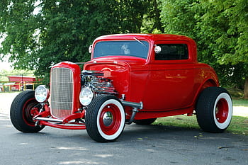klasyczny, czerwony, pojazd, Droga, drzewa, dzień, czerwony gorący, hot rod, samochód, retro, dostosowane