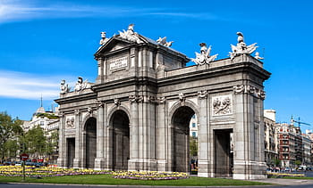 grijs, beton, gebouw, voetpad, Madrid, monument, Puerta de Alcala, architectuur, Spanje, deur-, toerisme
