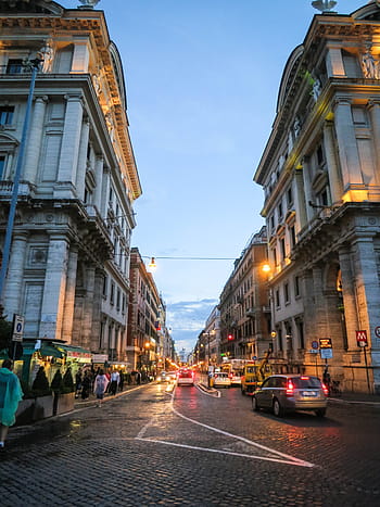 menigte, mensen, wandelen, straat, weg, beton, gebouwen, zonsopkomst, via nazionale, Rome, Italië