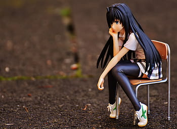 black, haired woman figurine, sitting, chair, miniature, girl, sad, sit, thoughtful, anime, view