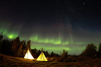 Due, bianca, tende tipi, verde, cielo, campeggio, notte, stelle, boschi, foresta, alberi