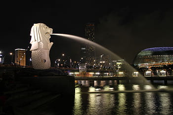 white, lion sculpture water fountain, front, body, water photo, night time, white Lion, Lion sculpture, water fountain, body of water, famous Place
