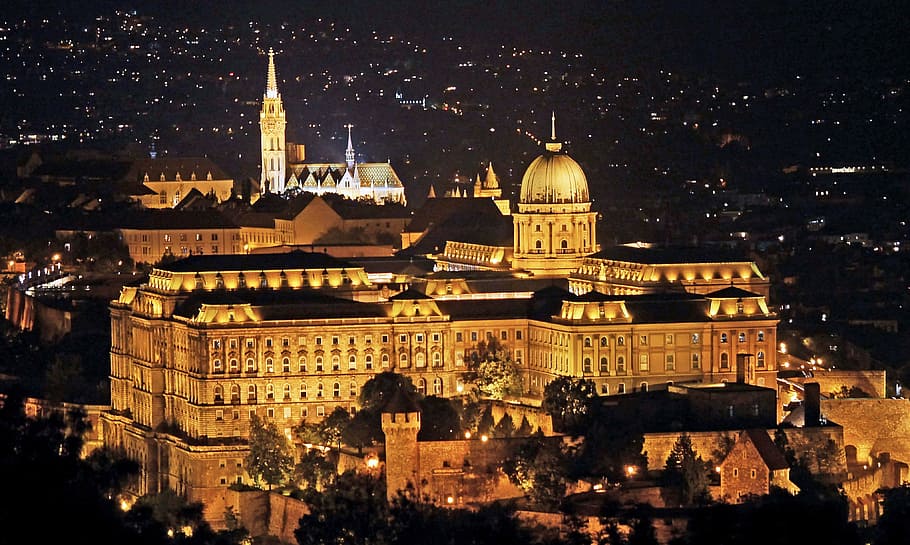 vysoký úhel fotografie, hnědý, Černá, beton, budova, v noci, budapešť, královský palác, kostel Matthias, bašta rybáře, svítí