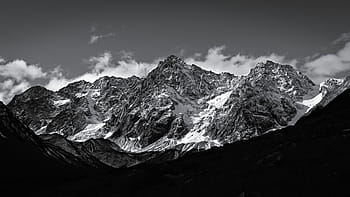 scenery, mountain, covered, snow, gray, scale, photography, black and white, landscape, nature, clouds