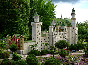 white, green, castle, surrounded, trees, daytime, whiten, red castle, surround, lego, legoland