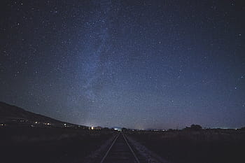 train rail photo, nighttime, train, rail, dark, skies, stars, sky, night, space, galaxy
