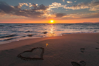 heart, written, beach sand, golden, hour, golden hour, sea, background, beach, beautiful, blue
