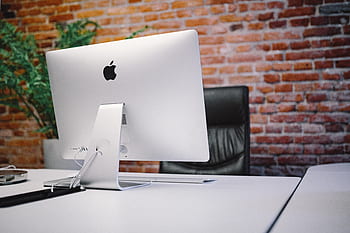 muebles, limpiar, oficina, espacio comercial, loft, Apple iMac, computadoras, espacio de trabajo, lugar de trabajo, pared de ladrillos, ladrillos