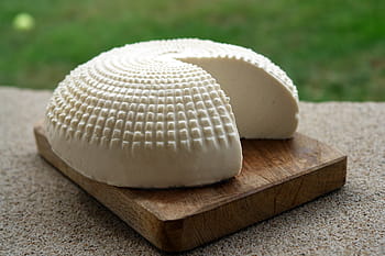 white, bread, brown, wooden, chopping, board, goat, milk product, cheese, food, milk