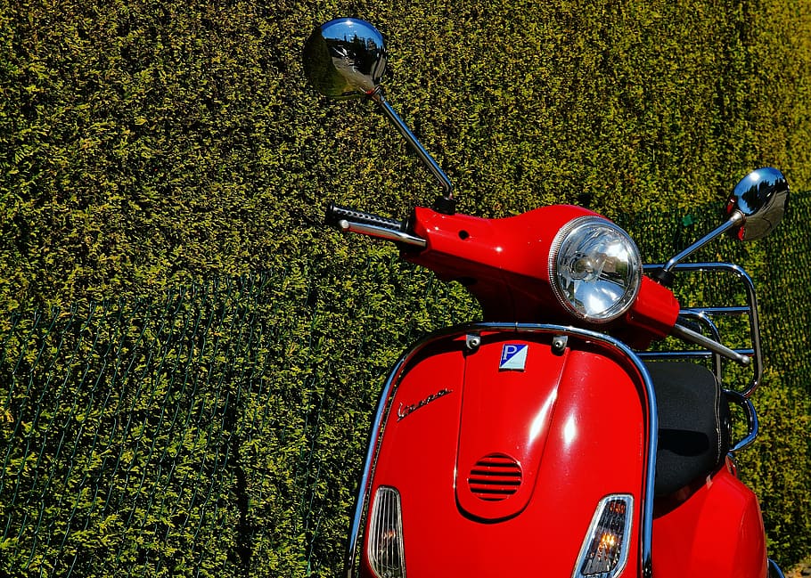 vespa, roller, motor scooter, cult, moped, flitzer, drive, motor, vehicle, red, technology