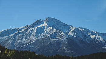 snow filled mountain, mountain, trees, highland, blue, sky, plants, nature, landscape, snow, mountain range