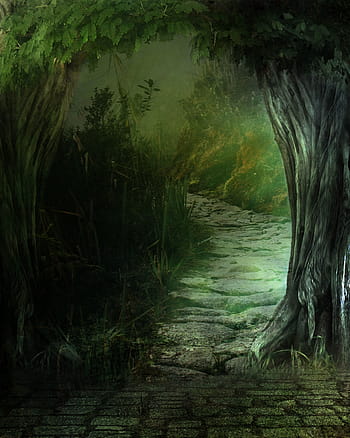 hijau, berdaun, lukisan pohon, fantasi, pemandangan, hutan, rahasia, dengan melihat, surealis, kreatif, artistik