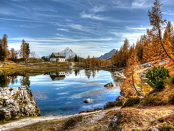 panoramatický, fotografování, Dům, tělo, voda, hora, modrý, nebe, během dne, dolomity, hory