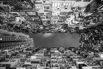 low-angle grayscale photo, high-rise, buildings, hong kong, city, urban, perspective, upward, black and white, architecture, apartments