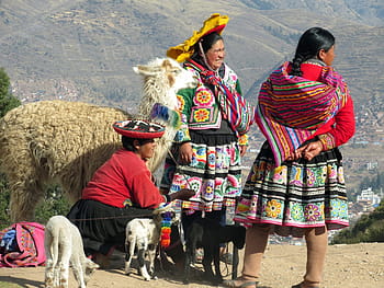 three, women, standing, cliff, Peru, Costume, Traditional, peruvian, cuzco, andes, cordillera
