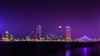 fotografie, výškové, budova, danang, Vietnam, da nang, panoráma, noc, řeka, panoráma města, cestovní ruch
