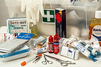 assorted, medical, cleaning bottles, tools, first aid, kit, first aid kit, emergency, medicine, cross, box