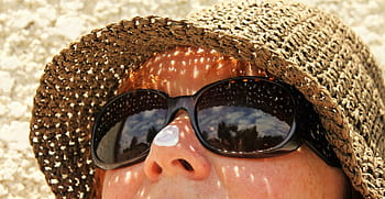 donna, indossare, nero, occhiali da sole, Marrone, cappello, crema solare, cura della pelle, estate, sole, protezione