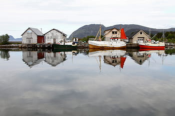 two, boats, dock, white, red, boat, river, reflection, ship, boar, pier