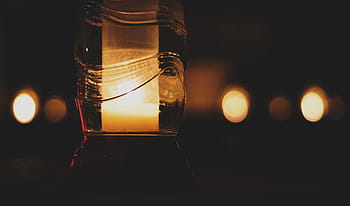 Průhledná, skleněná lampa, noc, sklenka, svíčka, držák, temný, světlo, bokeh, svítilna, svítí