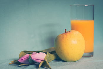 lyserød, tulipaner, gul, æble, ved siden af, glas, Juice, tæt på, Foto, frugt, klar