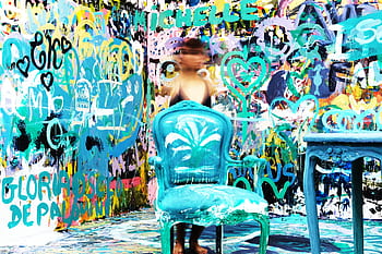 židle, stůl, lidé, dívka, zeď, umění, graffiti, nástěnná malba, malování, malovat, nápis